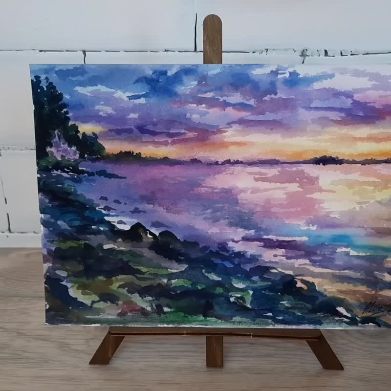 湖水画 原创水彩画 海滩画 日落天空艺术 - 海报/装饰画/版画 - 纸 多色