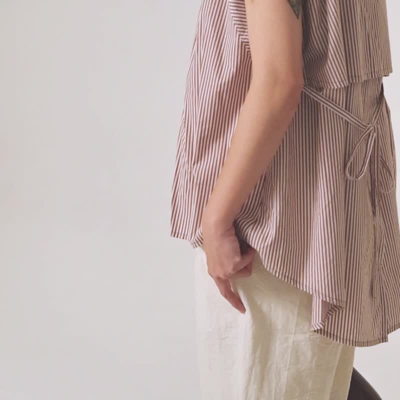不挑身形 | 海线记忆纯棉条纹系带上衣 - 女装上衣 - 棉 蓝色