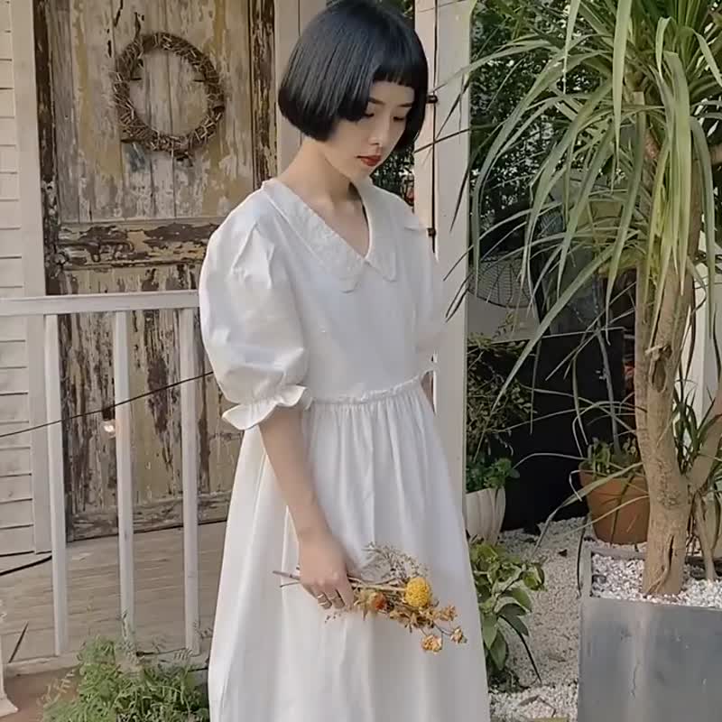 白色 刺綉歐根紗花邊領小白裙 復古燈籠袖高腰寬鬆洋裝仙女連身裙 - 洋装/连衣裙 - 棉 白色