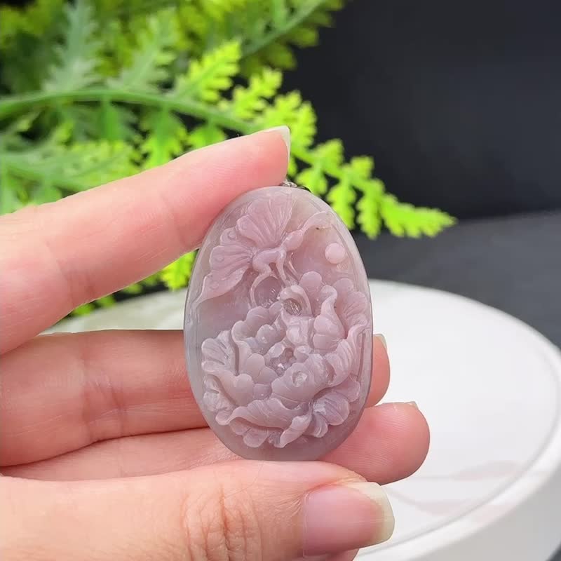 高品质盐源玛瑙吊坠项链粉紫哑光手雕蝶恋花幸福花开富贵吉祥如意 - 项链 - 半宝石 