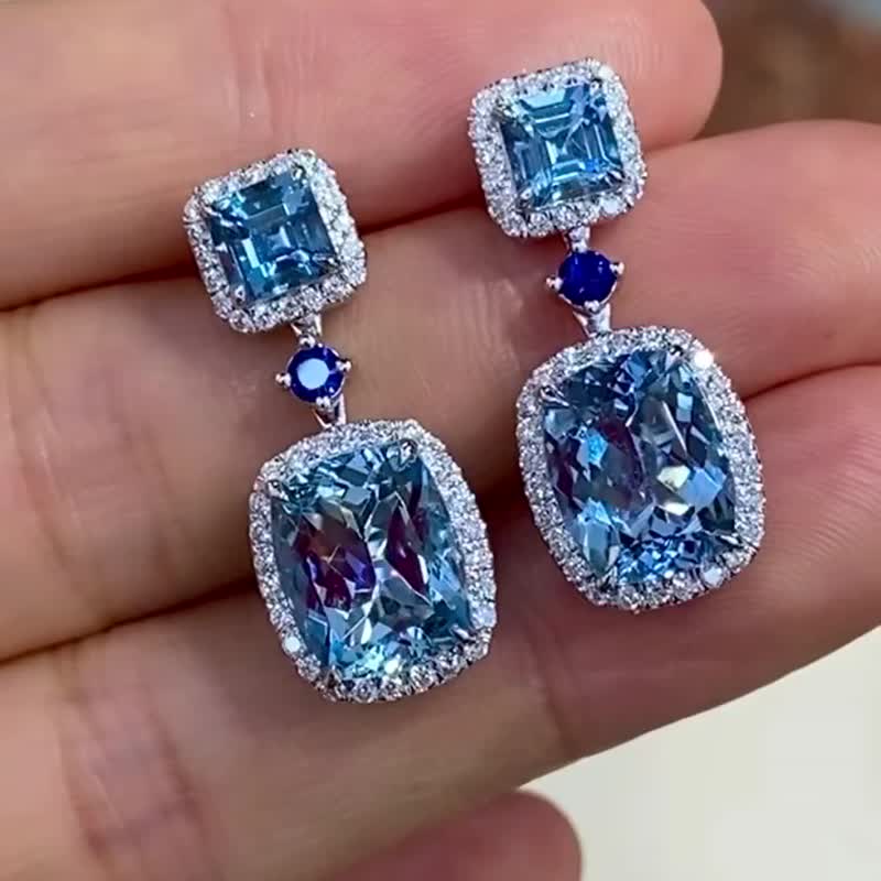 超级圣玛利亚色海蓝宝耳环  6.58克 - 耳环/耳夹 - 宝石 