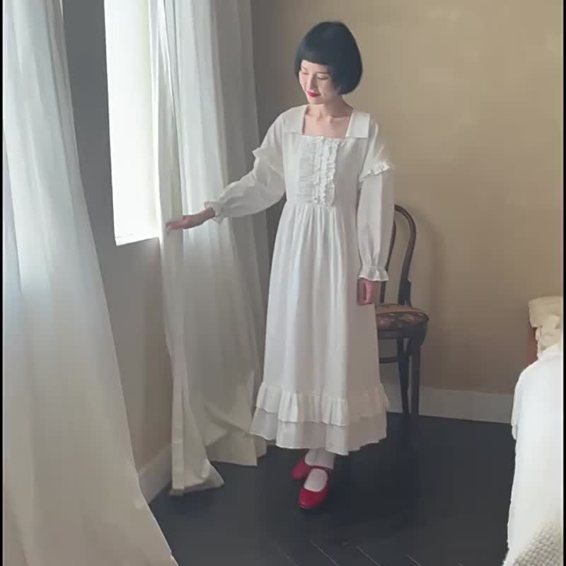 白色 法式方領古董洋裝 女木耳花邊系帶高腰宮廷風連衣裙 小白裙 - 洋装/连衣裙 - 棉．麻 白色