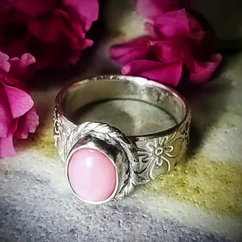 【Captain Flint银饰】天然粉红蛋白石 纯银戒指 手工 樱花纹饰 - 戒指 - 宝石 粉红色