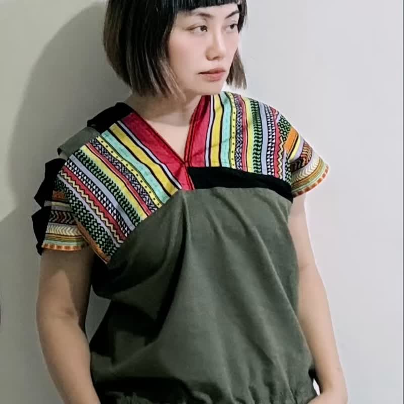 民族风彩色几何图腾黑色线条撞色军绿色空气感镂空四角衣罩衫 - 女装衬衫 - 棉．麻 多色