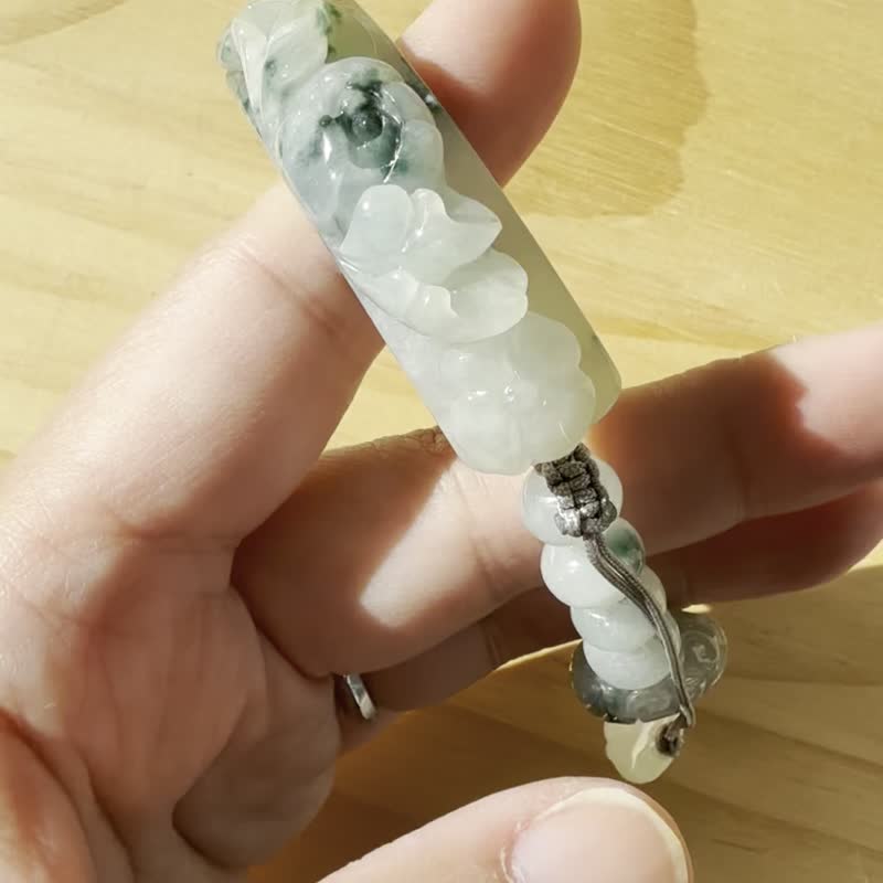 手工編織翡翠手链 — 牡丹与爱心 - 手链/手环 - 玉石 绿色