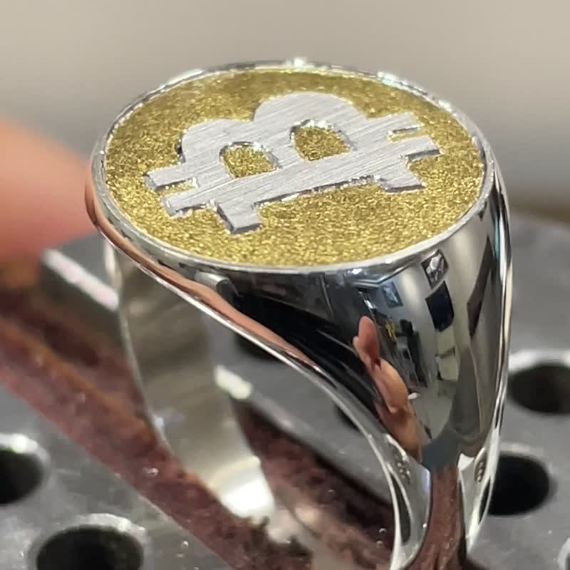 纯黄金镶嵌 比特币图章戒指 Bitcoin signet ring - 戒指 - 贵金属 