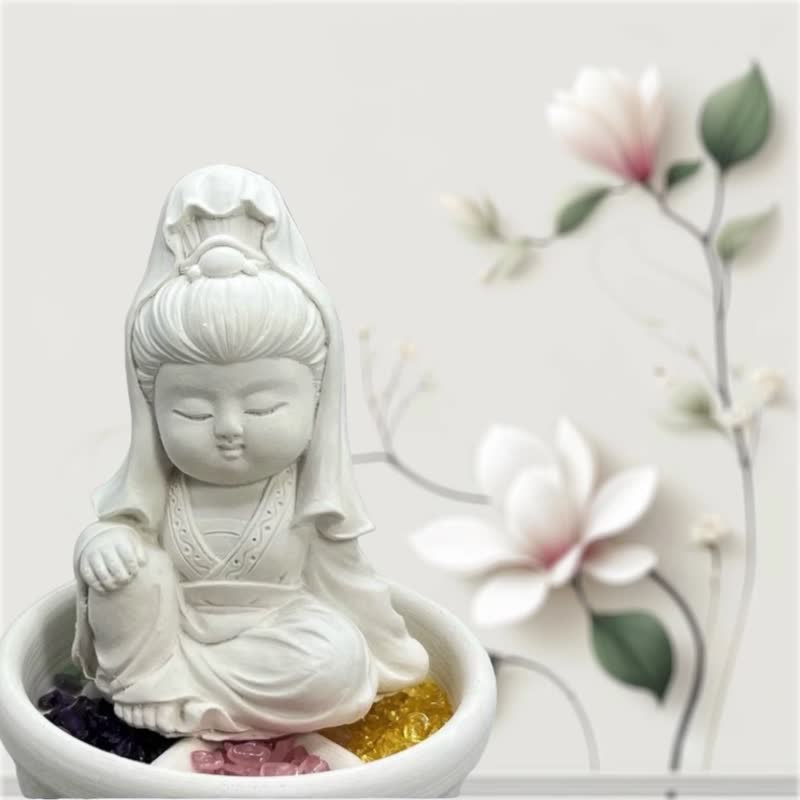 水晶扩香 五行水晶矿石扩香之观音小盘套组 开运能量水晶 - 香薰/精油/线香 - 水泥 白色