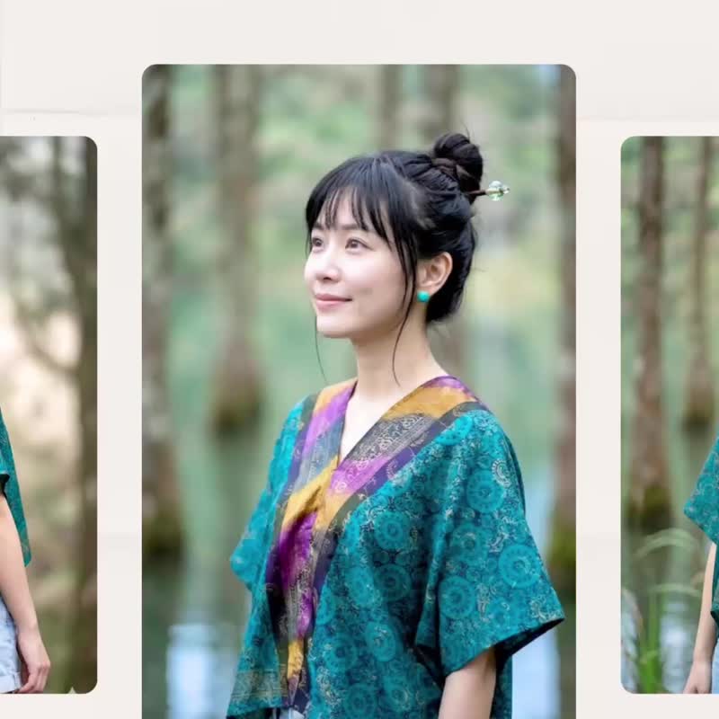 华丽异国风宽版前短后长孔雀绿古铜花朵华丽图腾罩衫四角衣 - 女装衬衫 - 棉 绿色