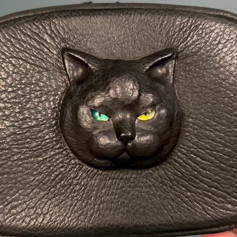 3D 英国短毛猫 皮革单肩小包 – 独特日本手工制作 - 侧背包/斜挎包 - 真皮 黑色
