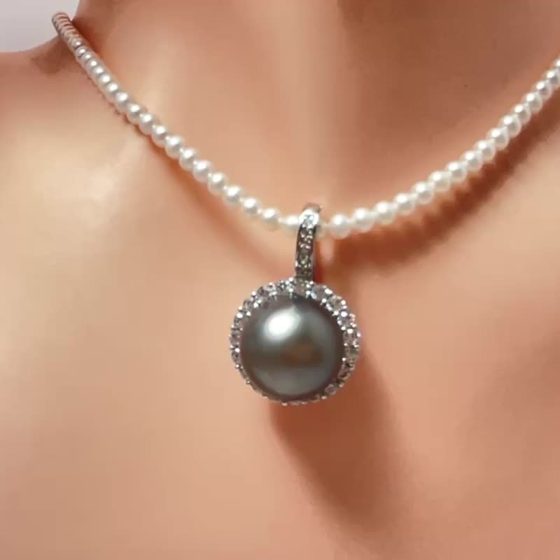 太阳花 大溪地黑珍珠 孔雀绿 万能扣 吊坠 赠纯银项链 - 项链 - 珍珠 黑色