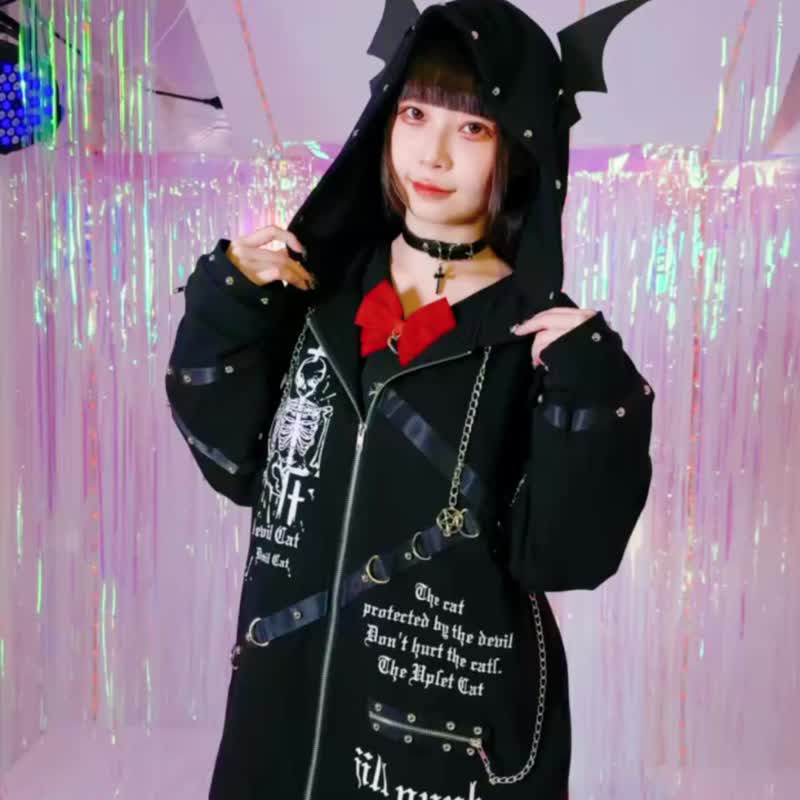 原创庞克风骸骨圣约中性恶魔翅膀连帽外套铁链铁环扣带设计 JJ2561 - 男装外套 - 棉 