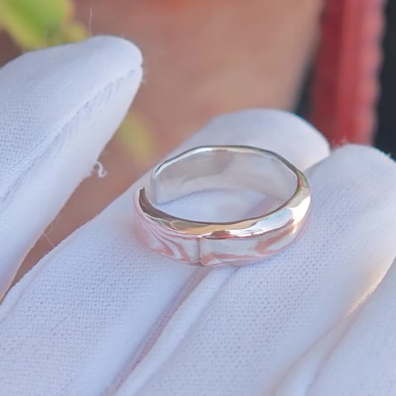 手工制作 银+铜 木目金木纹金Mokume gane镶银开口戒指 - 戒指 - 其他金属 咖啡色
