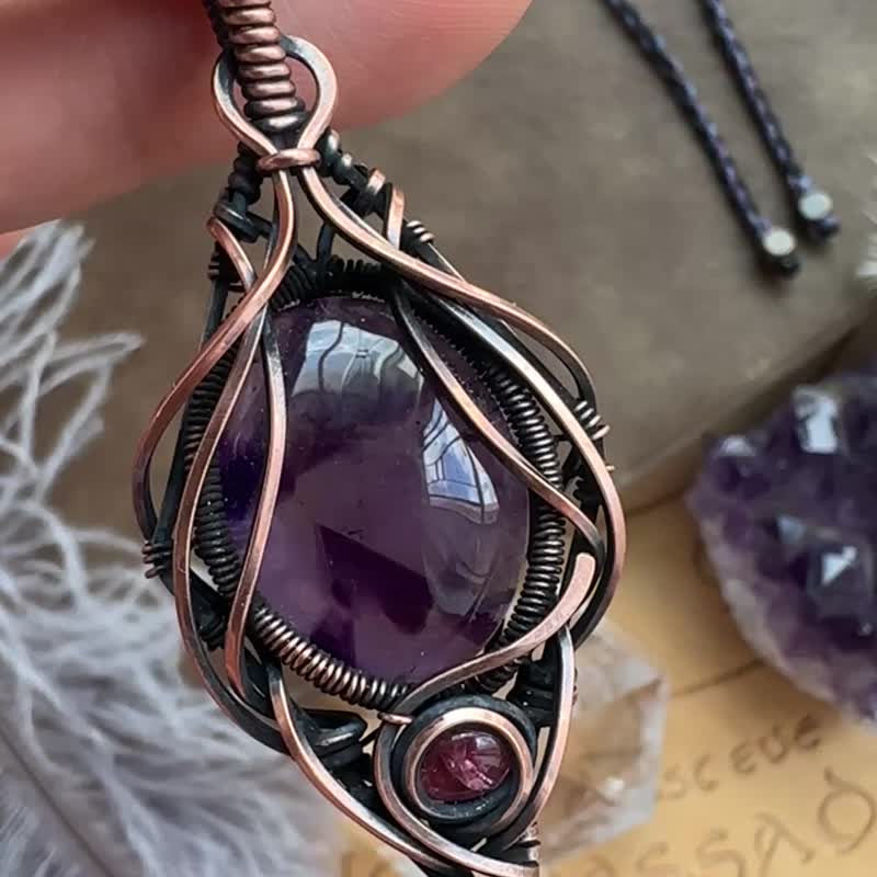 WW412 民族风 绕铜线复古做旧 wire wrap 紫水晶 碧玺 颈链 - 项链 - 铜/黄铜 咖啡色