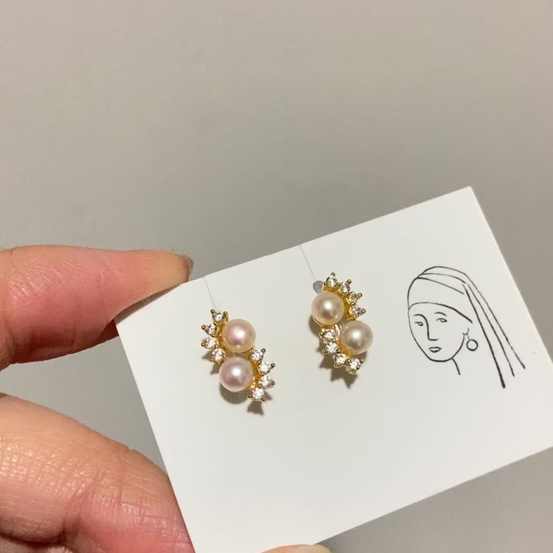 【贵气感】云彩 天然淡水珍珠 全925纯银锆石耳钉 (银/金) - 耳环/耳夹 - 纯银 金色