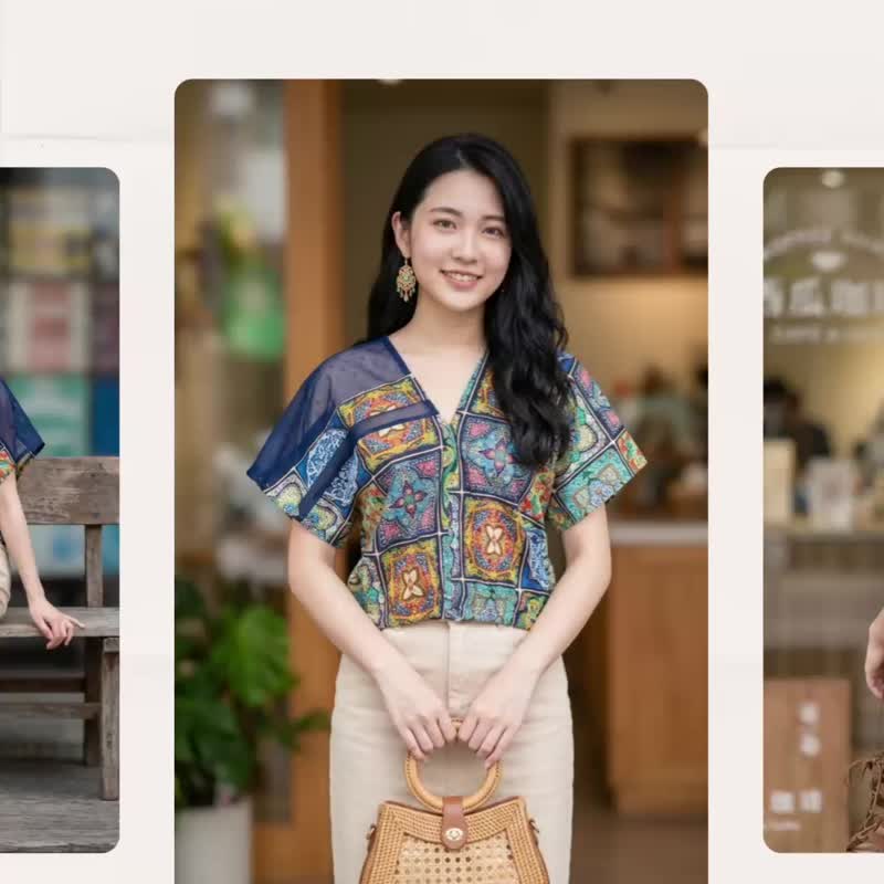 纯棉印花彩色马德里花砖拼接蓝色半透明微性感短版个性罩衫四角衣 - 女装衬衫 - 棉．麻 多色