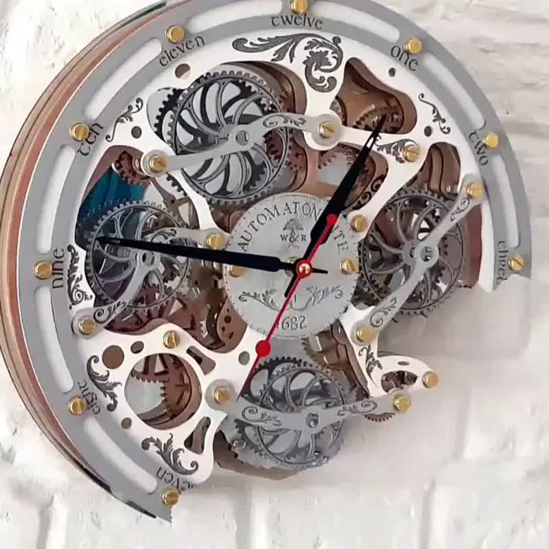Automaton Bite 1682 Moving Gears Wall Clock Gray White, Steampunk, Rustic Design - 时钟/闹钟 - 木头 白色