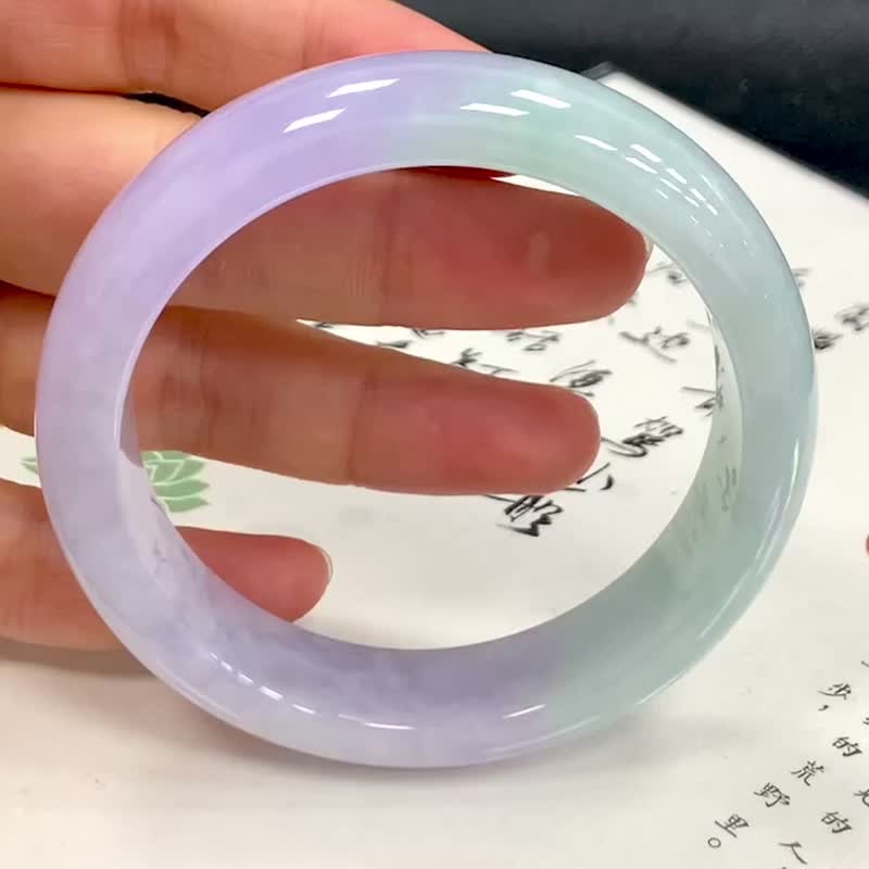 冰种 天然翡翠 缅甸 A玉 玉镯 • 冰种春带彩翡翠福镯 - 手链/手环 - 玉石 紫色