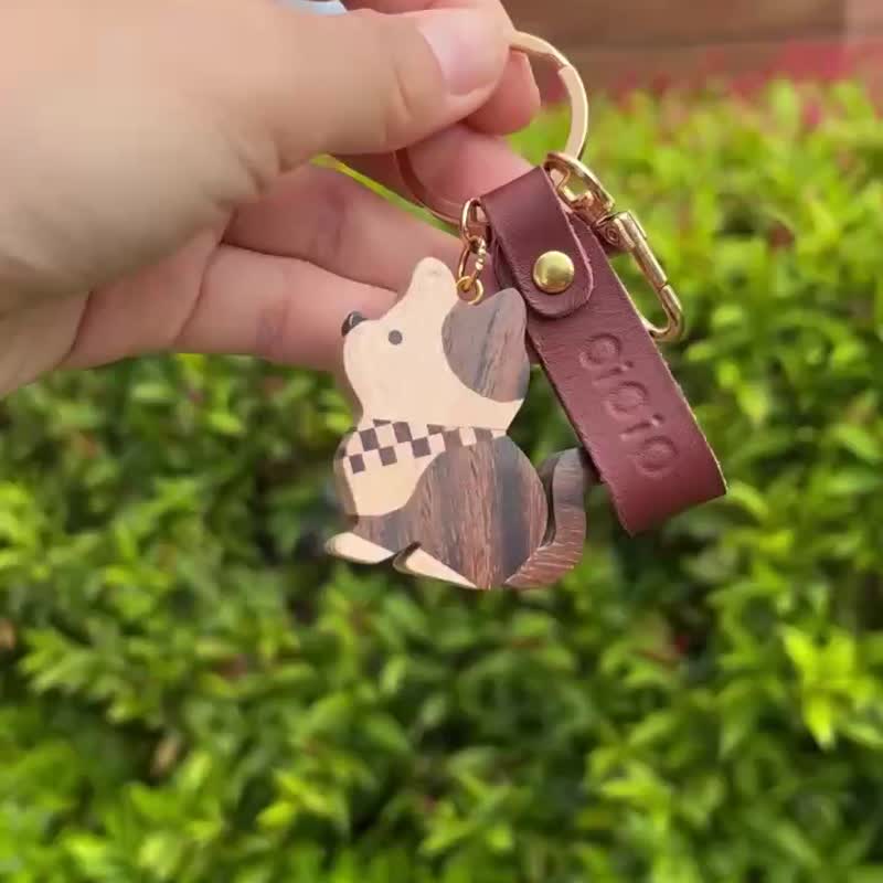 【手工实木吊饰】咖啡喵宝/ 定制刻字 /送礼首选/生日礼物 - 钥匙链/钥匙包 - 木头 绿色