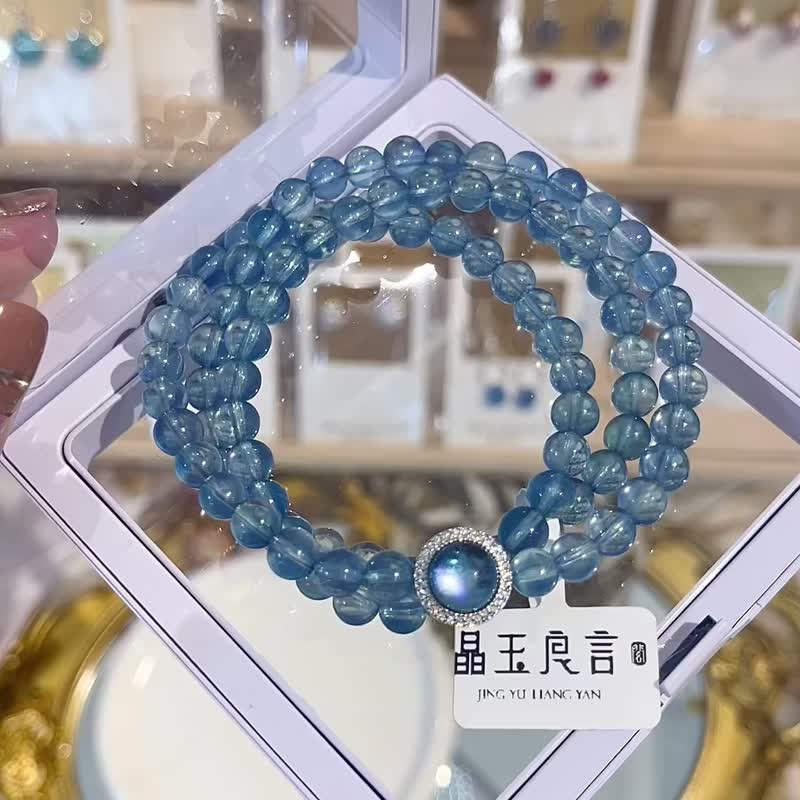 玻璃透极品冰雪海蓝宝6mm水晶三圈手链缓解焦虑放松心情释放压力 - 手链/手环 - 水晶 蓝色