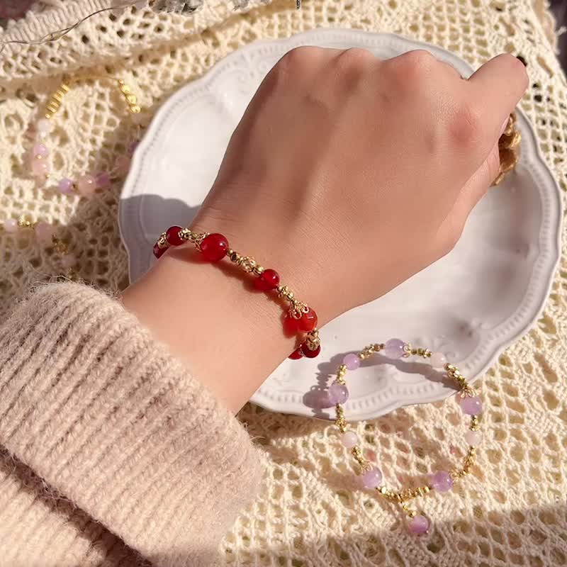 扬眉兔气喜洋洋 / 红玉髓 黄铜 手链 活力 平衡能量 过年 春节 - 手链/手环 - 半宝石 红色