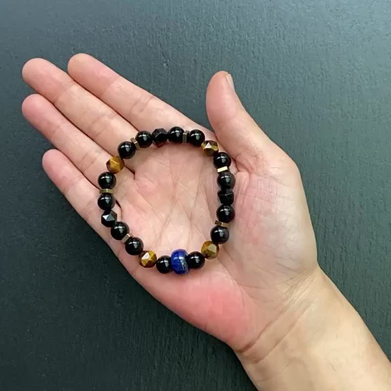农历七月保平安-青金石x黑曜石x钻切黑玛瑙x钻切虎眼石黄铜手链 - 手链/手环 - 水晶 多色