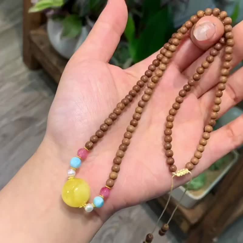 高品质印度老山檀蜜蜡转运珠锁骨链项链 生日礼物文玩老山檀项链 - 项链 - 水晶 