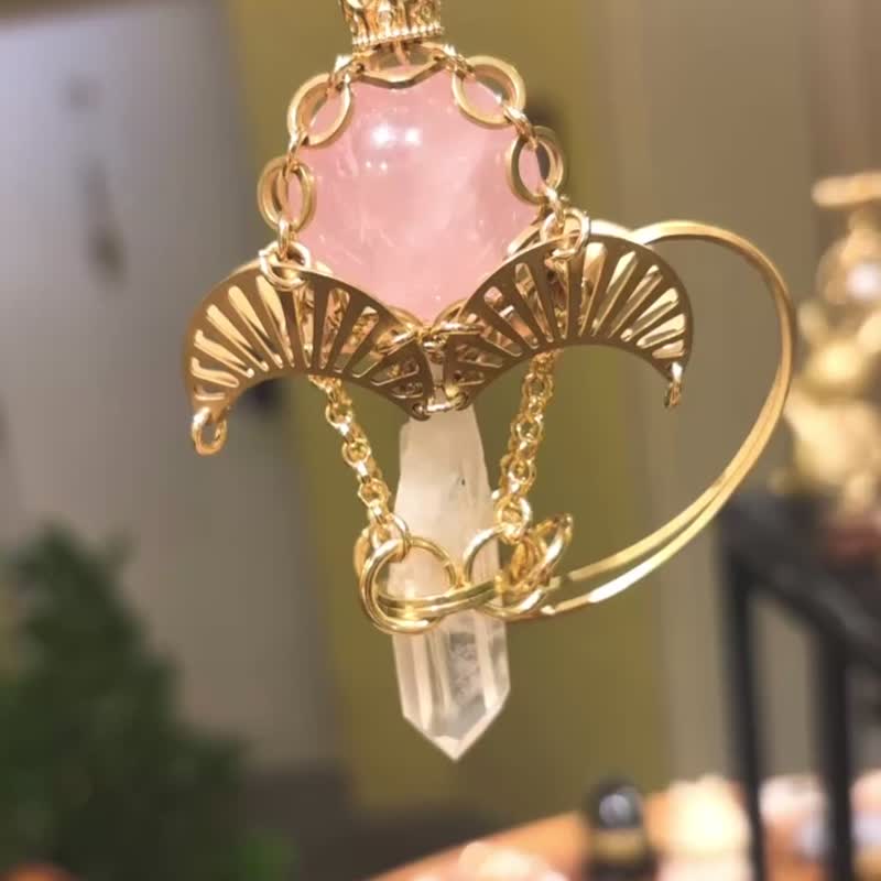 一图一物 粉晶 白水晶柱 灵摆项链 能量水晶装饰 魔法棒项链 - 项链 - 铜/黄铜 粉红色