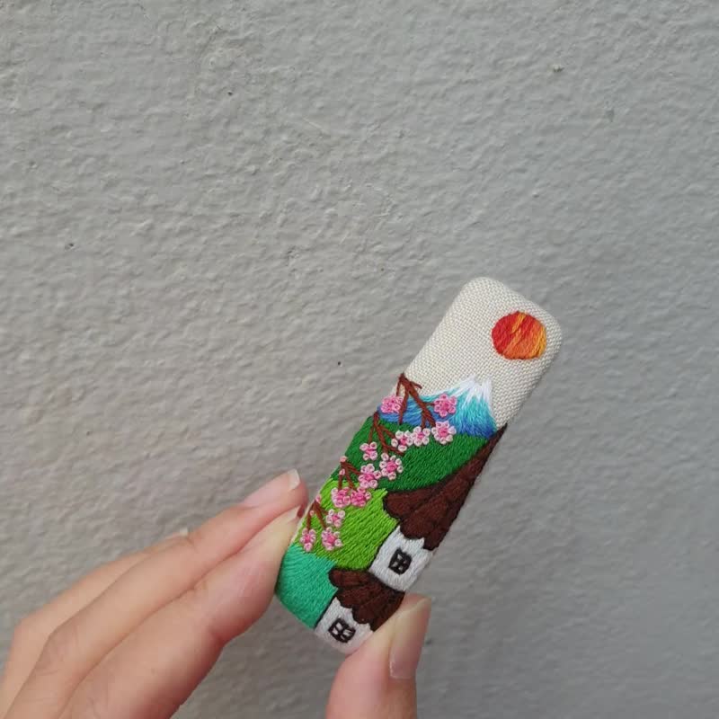 富士山发夹、刺绣发夹、手工缝制发夹、发夹、儿童发夹、亚麻发夹 - 发饰 - 亚麻 橘色