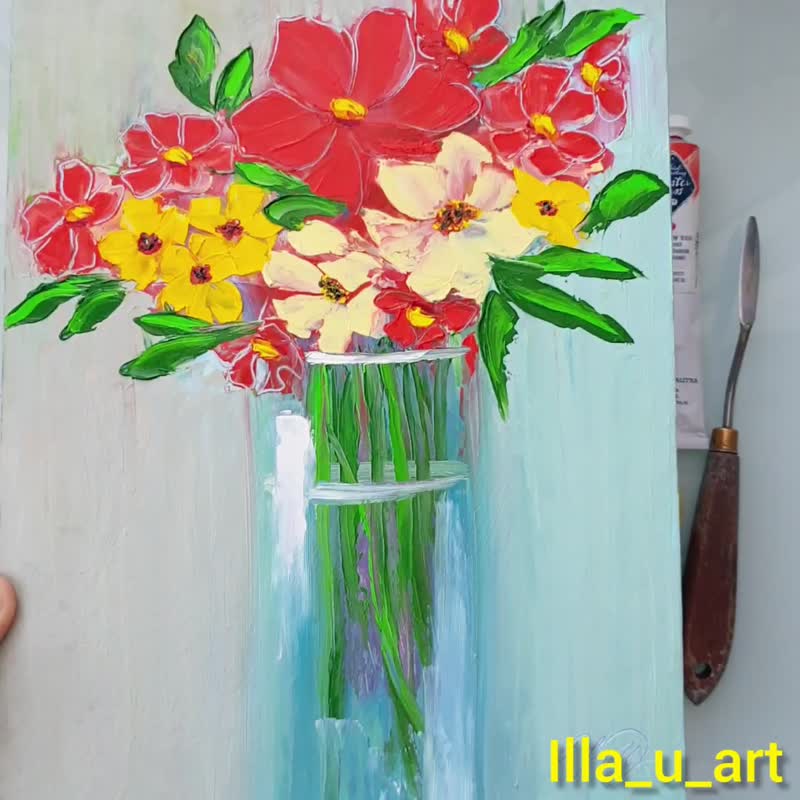 Poppy Painting Bouquet Original Art Still Life Wall Art Impasto Oil Painting - 海报/装饰画/版画 - 其他材质 多色