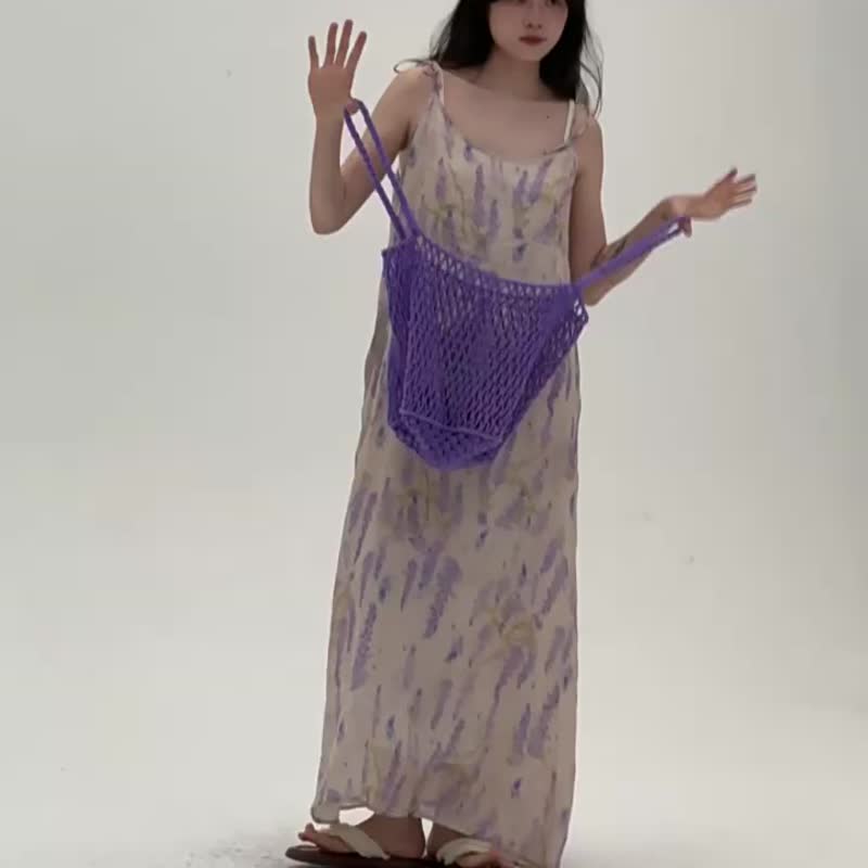 葡萄園系列 印花吊帶洋裝 文藝復古連身裙 寬松顯瘦長裙 - 洋装/连衣裙 - 棉．麻 卡其色