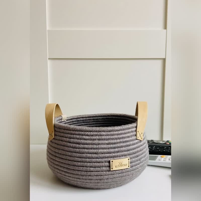黄麻圆形篮子，带皮革手柄 18 厘米 x 10 厘米 - 收纳用品 - 棉 灰色