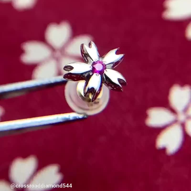 樱花耳环 铂金 红宝石 单边 日制 - 耳环/耳夹 - 贵金属 银色