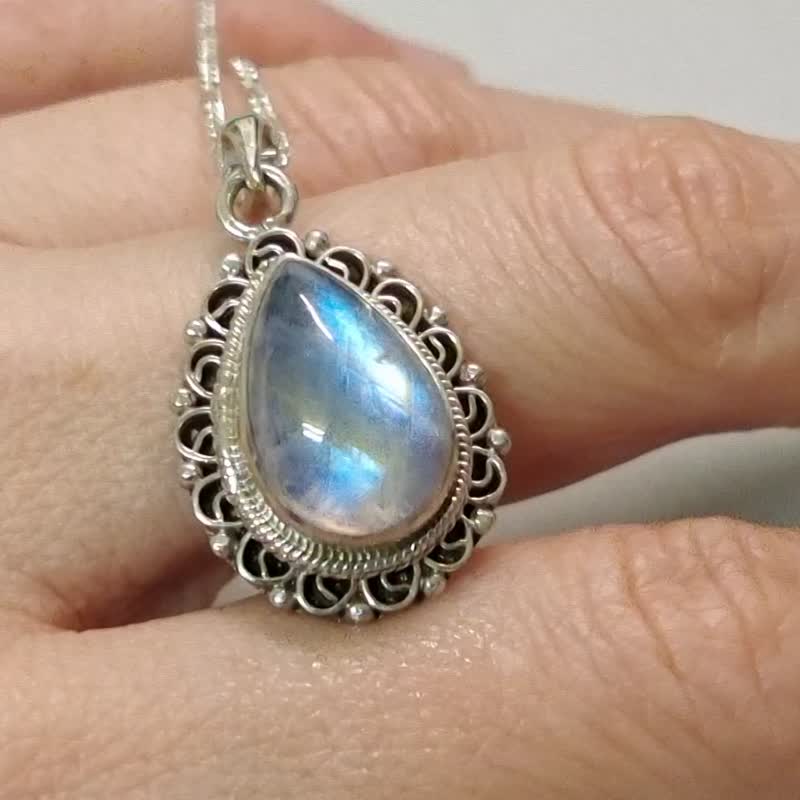 天然 月光石 坠 项链 尼泊尔制 925纯银 - 项链 - 半宝石 