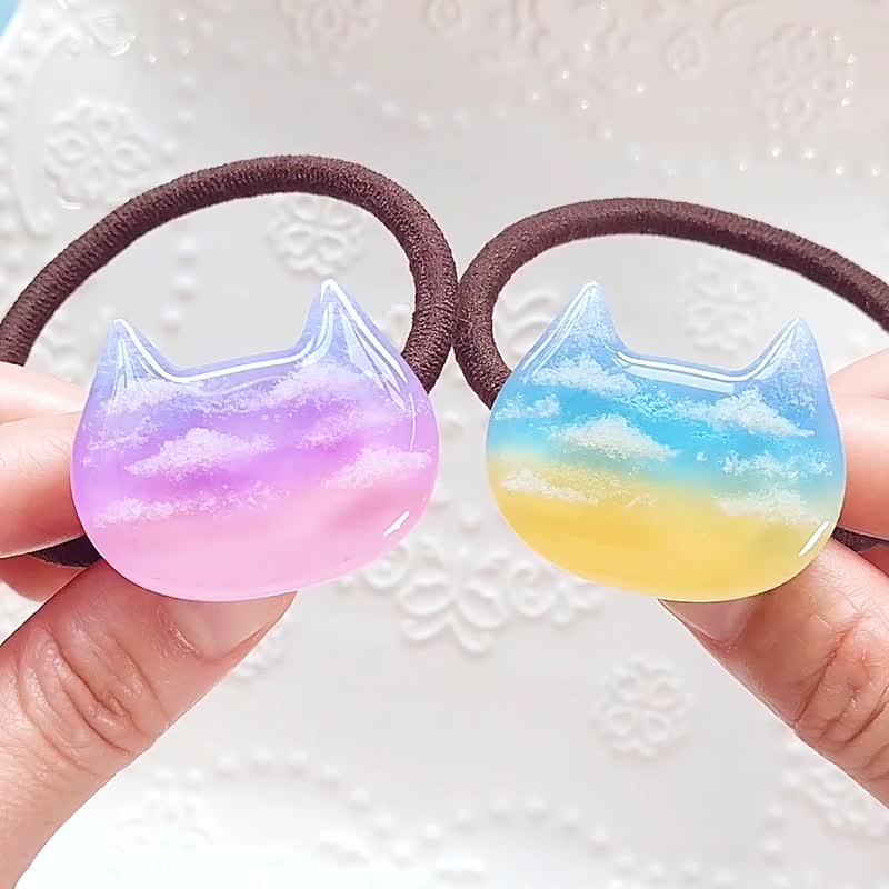 猫猫天空云朵发圈/小马钩 日出 黄昏 渐变 发插 发饰 - 发带/发箍 - 树脂 蓝色