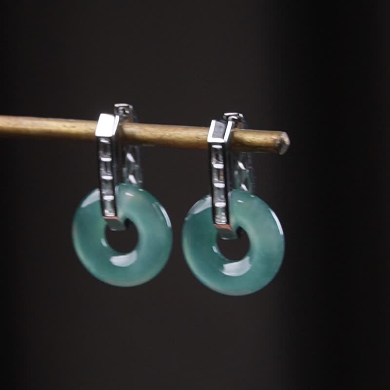 放光高冰种蓝水翡翠甜甜圈耳环 925纯银 | 天然翡翠A货 | 送礼 - 耳环/耳夹 - 玉石 蓝色