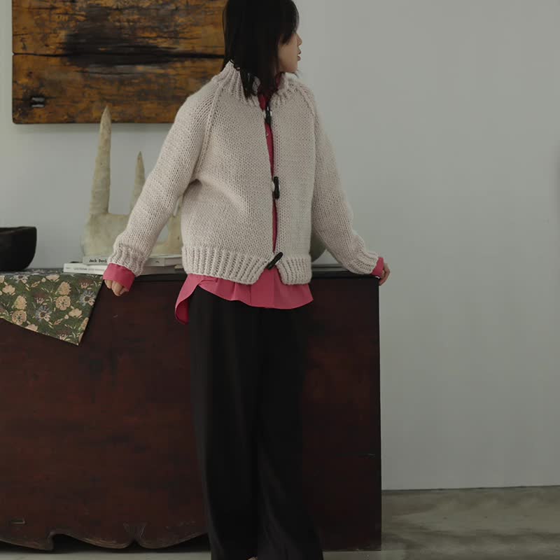 灰粉 冰岛羊驼绒手工编织开衫 高领冬季厚实保暖柔软 - 女装针织衫/毛衣 - 羊毛 粉红色