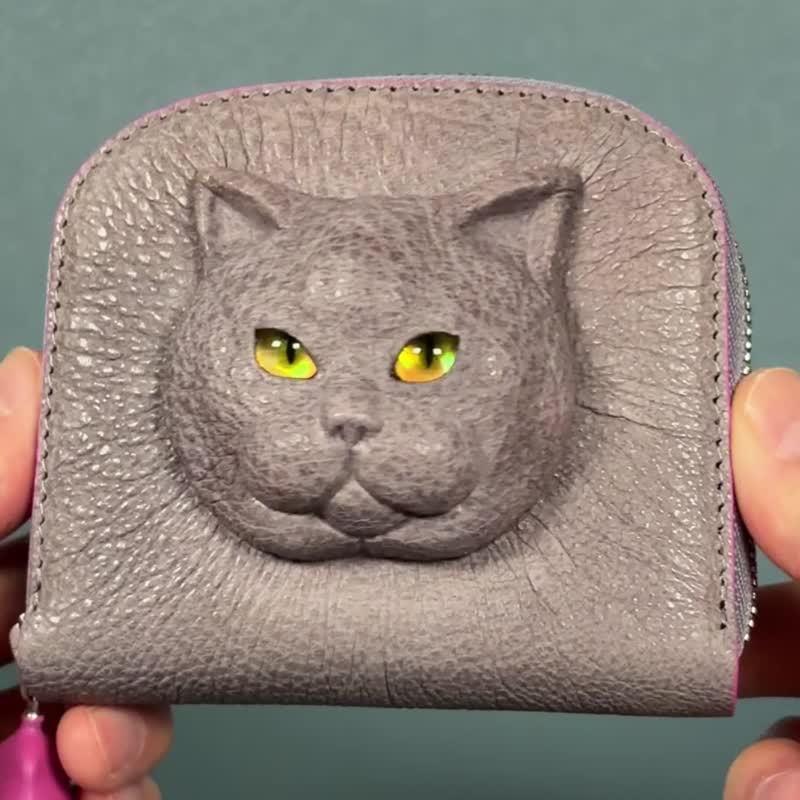 3D 英国短毛猫 皮革钱包 – 独特日本手工制作 - 皮夹/钱包 - 真皮 灰色