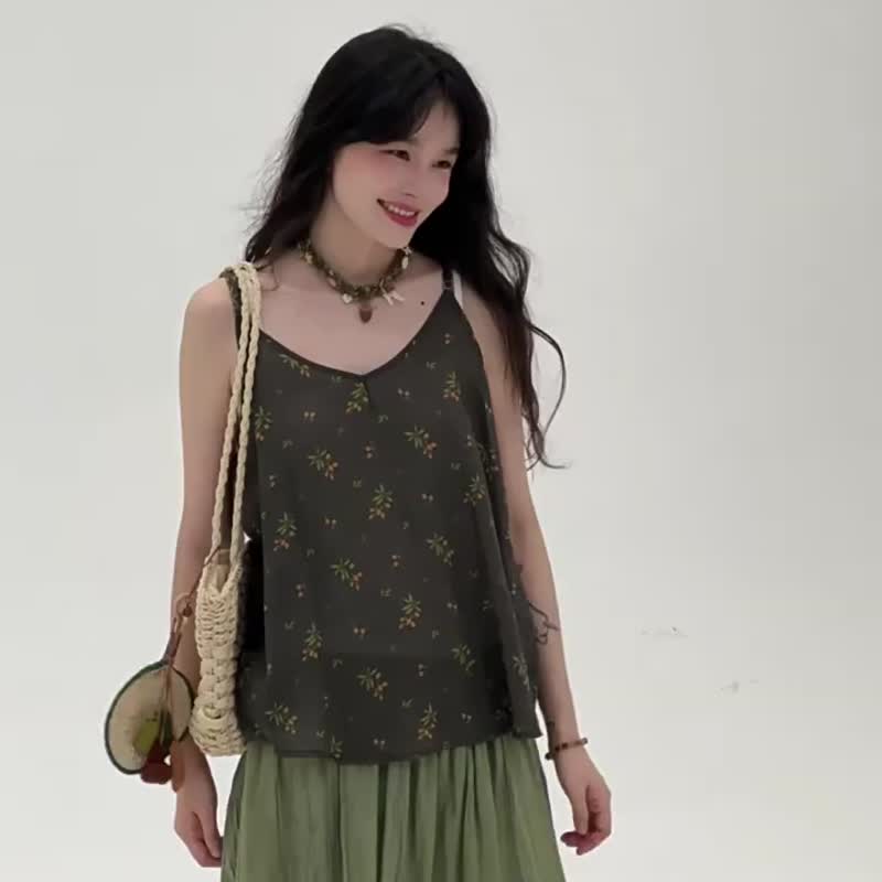 2顏色 苧麻山野花細肩帶上衣 日系文藝復古內搭吊帶背心 - 女装背心 - 棉．麻 咖啡色