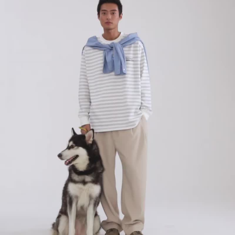cityboy 中性 下擺抽绳設計条纹长袖 T恤 宽松圆领 tee 長袖 - 男装上衣/T 恤 - 棉 多色