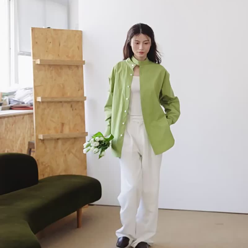 芽绿色 3色 颈间的翅膀 多色飘带休闲通勤日常长袖衬衫 - 女装衬衫 - 棉 绿色