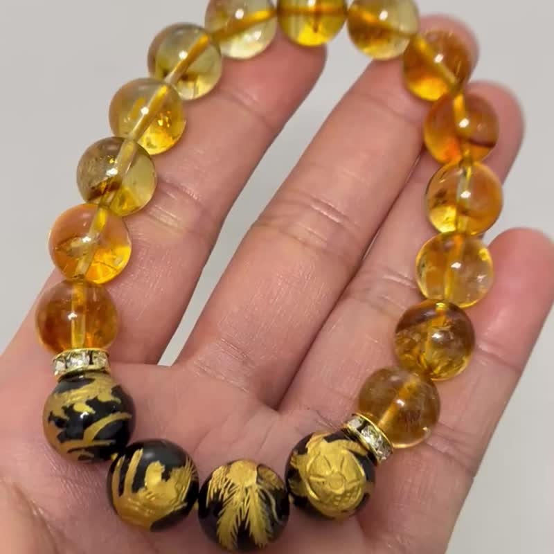 日本人气 金雕四神兽黑玛瑙 x 黄塔山 五行水晶手串 土属性 12mm - 手链/手环 - 半宝石 黄色