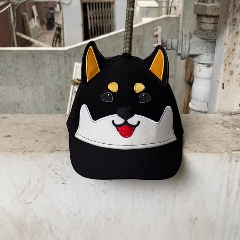 语罐头Shiba Inu黑柴犬可爱狗狗日系情侣百搭大头可调节遮阳鸭舌 - 帽子 - 其他材质 黑色