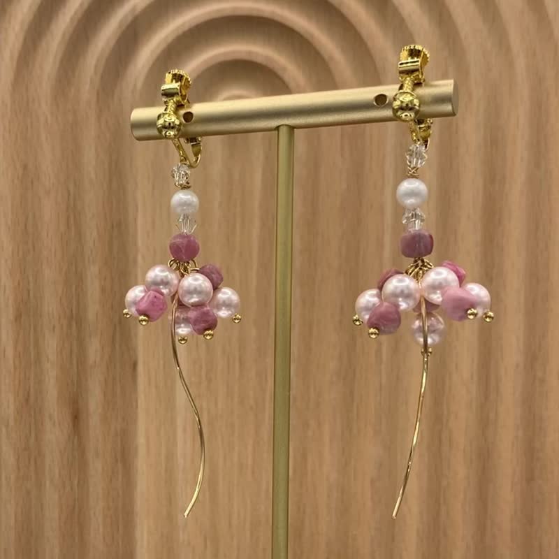 蔷薇辉石 水晶仙子系列 天然珍珠 爱情运 (耳夹/耳勾/耳环) - 耳环/耳夹 - 宝石 粉红色