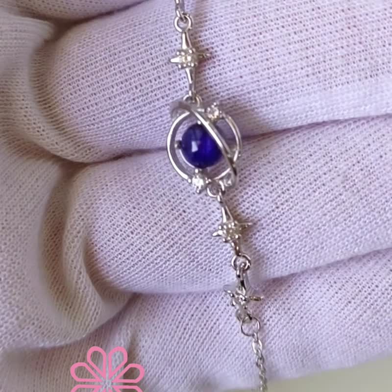 天然蓝宝石手链 925纯银镀白金 抗过敏 6mm - 手链/手环 - 纯银 蓝色