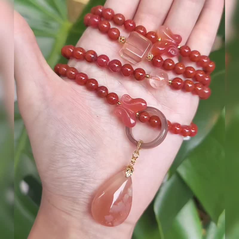 南红 樱花 盐源玛瑙 兔毛水晶 红色宝石 108念珠 6.8mm 单品 礼物 - 手链/手环 - 宝石 红色