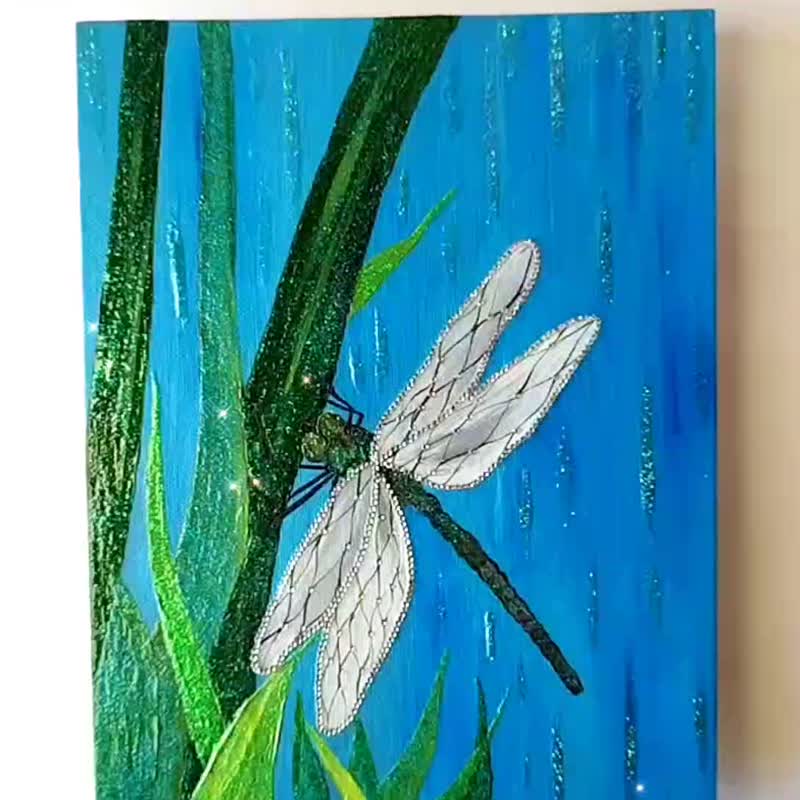 Dragonfly Insect Painting with Crystals 裝飾畫 Wall Decoration 藍染 裝飾 客廳 掛畫 Art - 墙贴/壁贴 - 压克力 蓝色