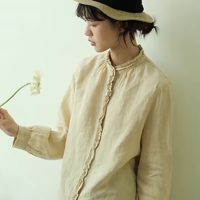 木耳领 亚麻色织衬衫 日系穿搭长袖 秋 - 女装上衣 - 棉．麻 黄色