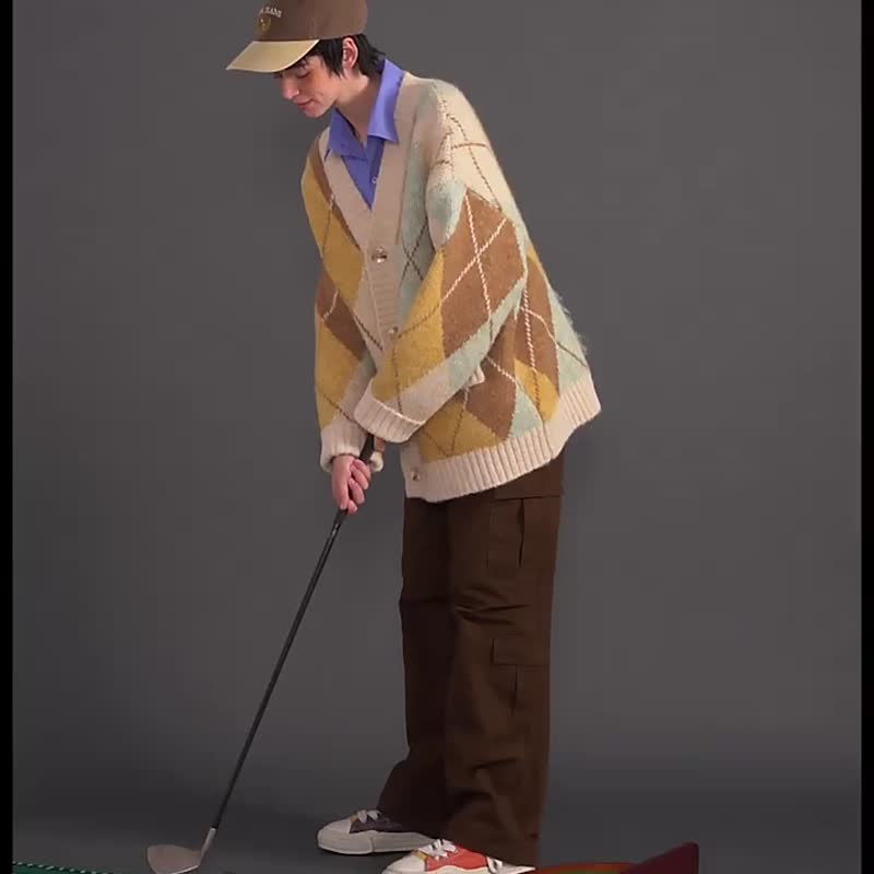 UNVESNO 黄昏时刻-重磅学院风菱格羊驼毛混纺马海毛毛衣 CT-2163 - 男装针织衫/毛衣 - 棉 橘色