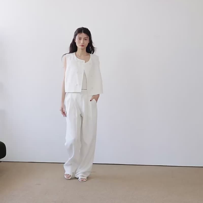 米白色 cleanfit 老钱风极简之感圆领马甲 气质通勤上衣 - 女装背心 - 其他人造纤维 白色