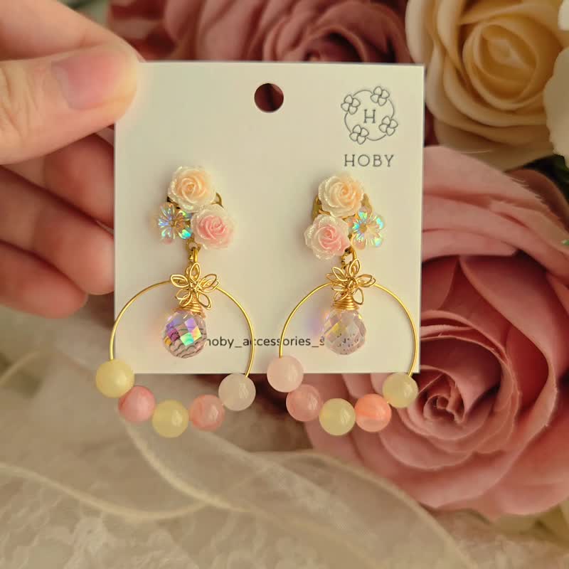 嘉年华 花 耳环/耳钉/耳夹 原创 手作 送礼 水晶 - 耳环/耳夹 - 不锈钢 粉红色